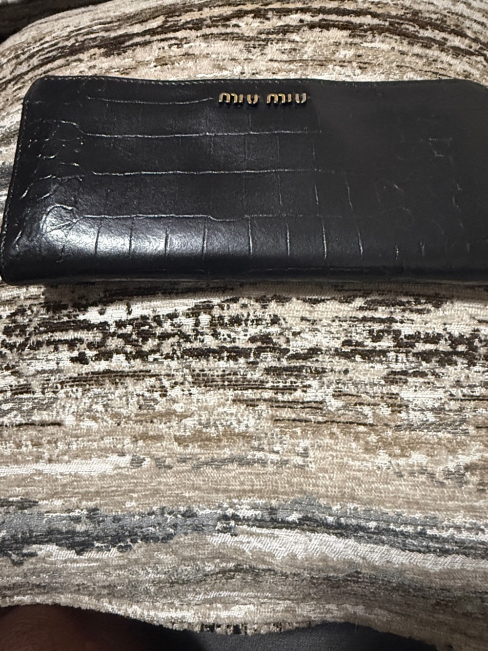 Miu Miu Black Croc-Embossed Zip Wallet with Gold Logo
